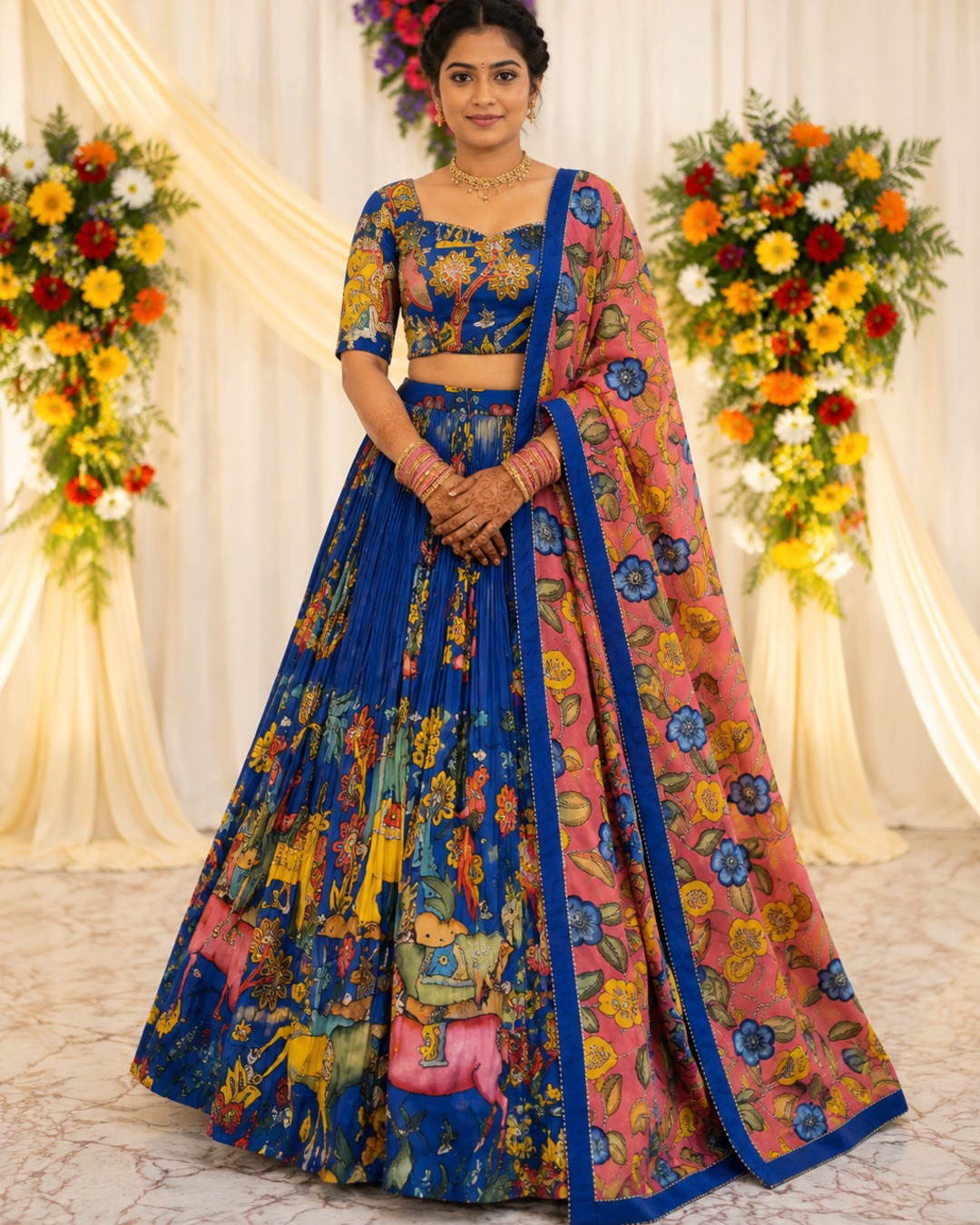 Royal blue pen kalamkari Lehenga