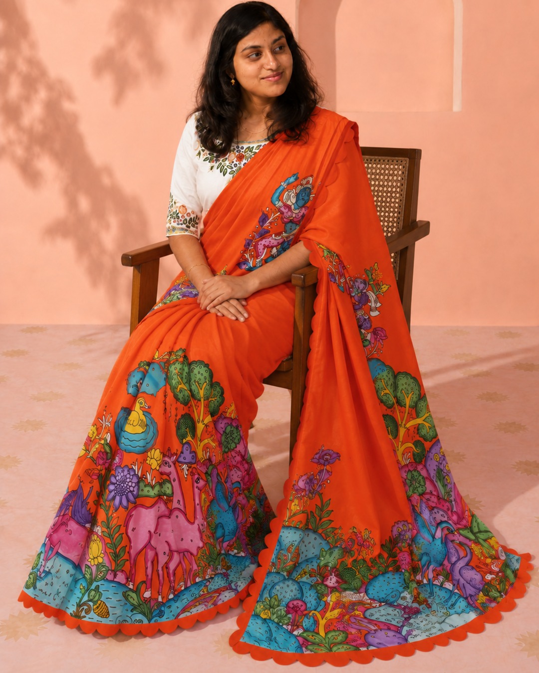 Pure Pen Kalamkari hand drawn Bangalore Silk Saree