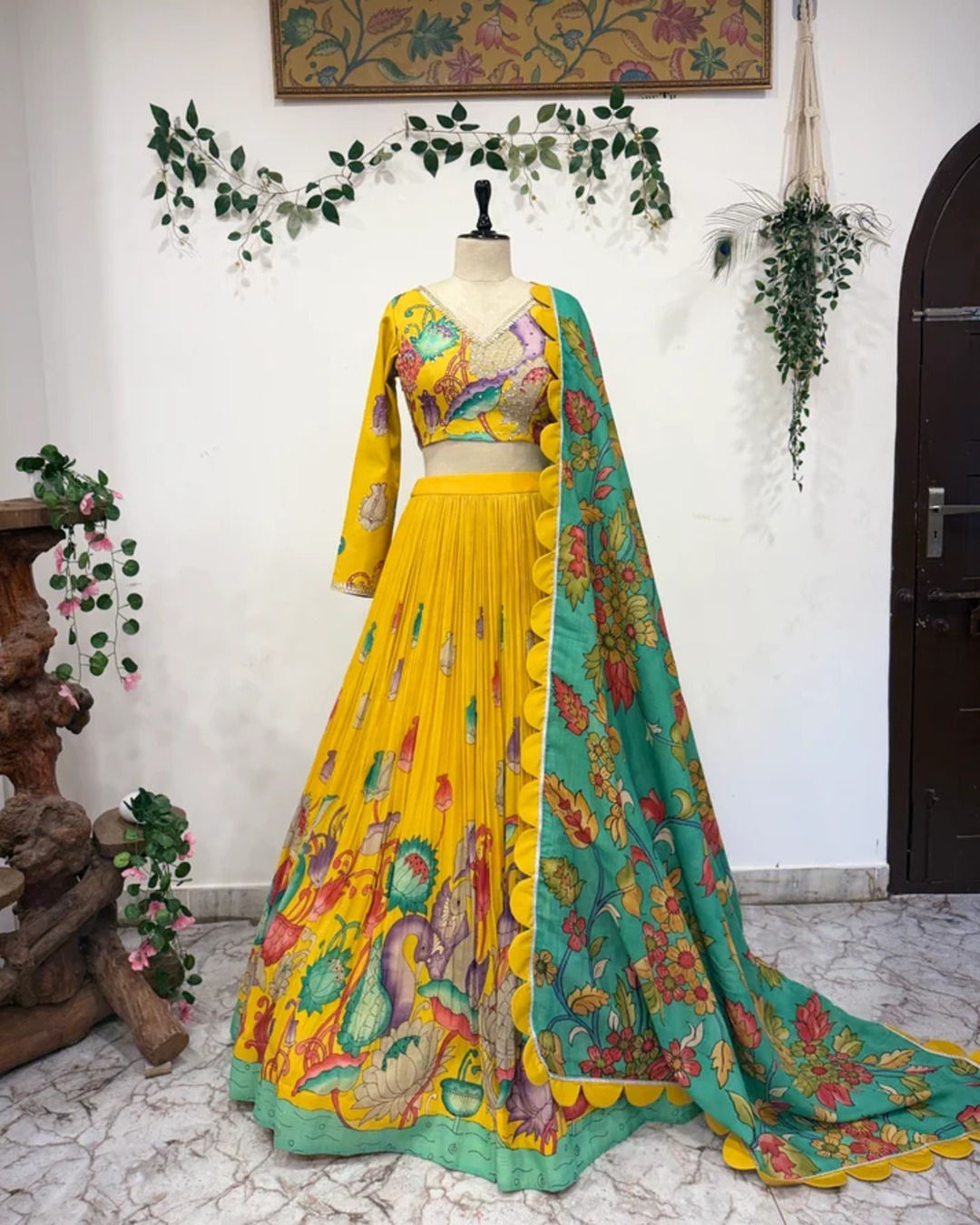 Golden Cranes – Pen Kalamkari Lehenga